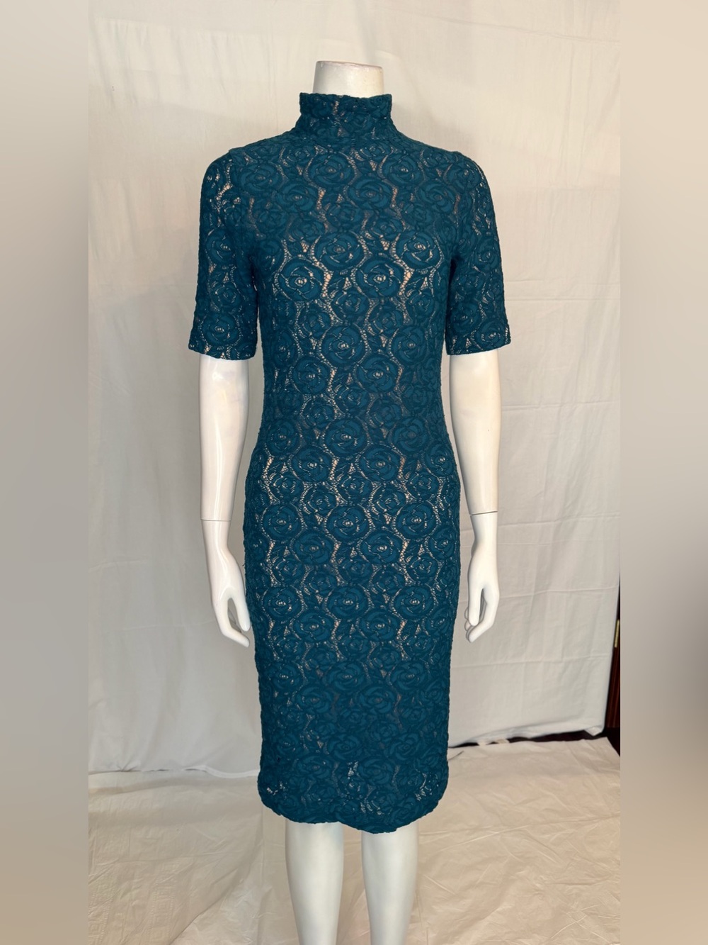 Teal Lace Mock-Neck Midi Dress